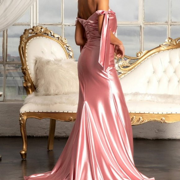 DUSTY ROSE Gathered Bodice Satin Mermaid Dress Straight Across Neckline GL3059 - Picture 4 of 5